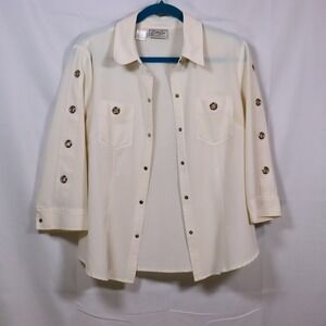 Cathy Che Button Up Shirt 14 Cream Womens Grommet Detail‎ Stretch Blouse